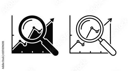 Magnifying glasses examining line graphs with an upward trend on solid white background