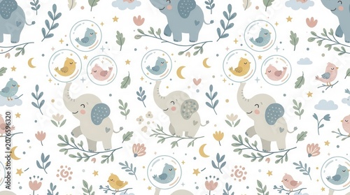 Playful cartoon elephants and birds with leaves, moons, and stars form a sweet repeat design