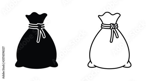 Money bag tied with string black silhouette and outline icon set on white background