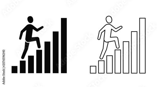 Person climbing bar graph steps symbolizing business success and progress on white background