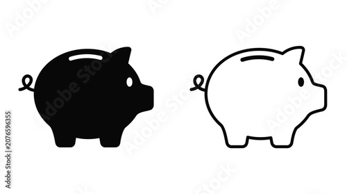 Piggy bank silhouette and outline icons for finance isolated on white background