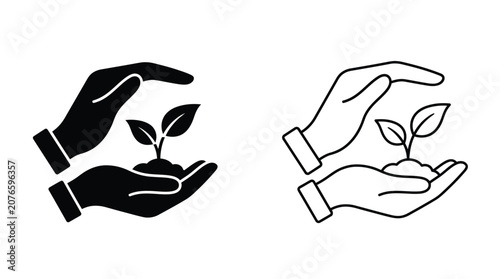 Plant seedling protected by cupped hands solid and outline icons on solid white background