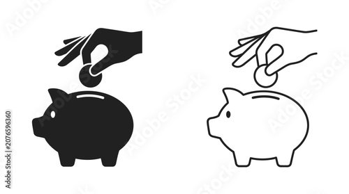 Piggy bank saving money icon set with hand and coin on isolated white background