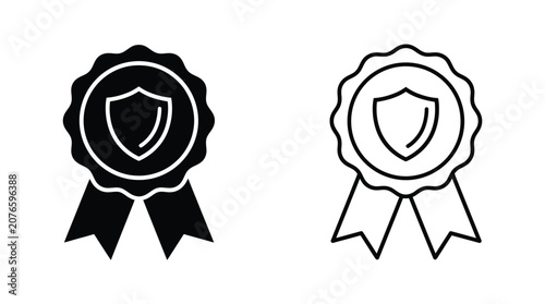 Security badge with shield and ribbon icon isolated on white background