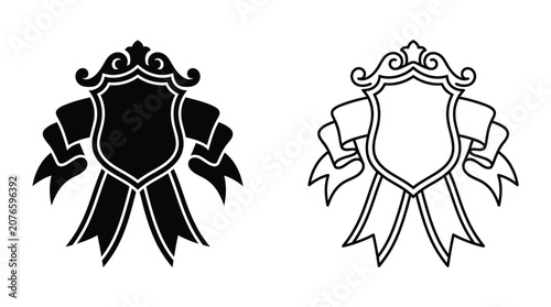 Shield emblem with decorative ribbons in black silhouette and outline on white background