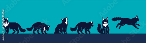 Photography Set of black cats in various poses: standing, walking, howling, sitting, and running, against a blue background