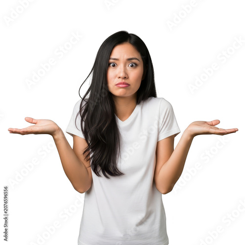 Confused woman with hands up isolated on transparent background