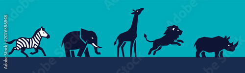 Bild auf Leinwand Stylized African safari animals walking in a line with a blue background, including zebra, elephant, giraffe, lion, and rhinoceros
