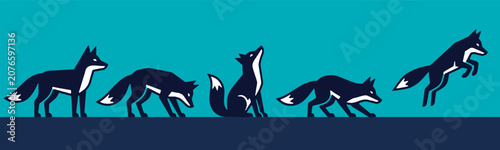 Fotografie Stylized illustration of a fox in various poses, showing movement and different actions against a blue background