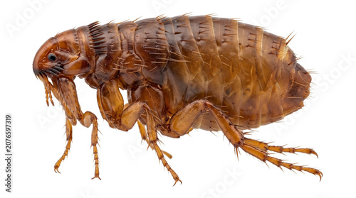 Bild auf Leinwand Detailed close-up of a brown flea insect, parasite anatomy, biting arthropod, microscopic view, segmented body, legs, antennae, medical pest concept, isolated on transparent background