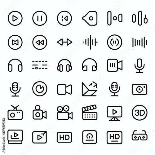 Media Player Control Line Icons Set – Play Pause Volume Audio Video Outline