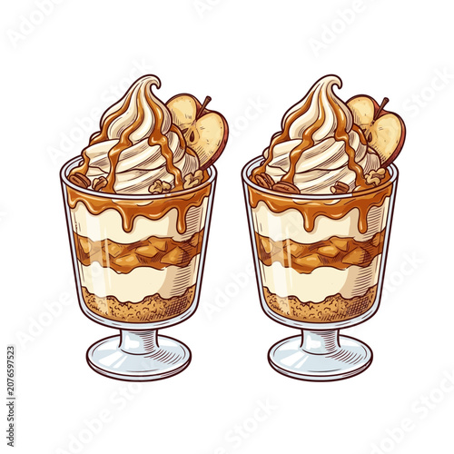 Bild auf Leinwand Two glasses of delicious apple pie parfait with caramel sauce and whipped cream topping