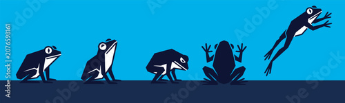Fotografie Illustration of a frog jumping sequence, showing different stages of movement from sitting to leaping