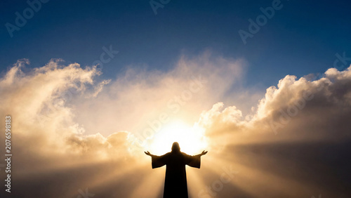 Spiritual silhouette of Christ with outstretched arms against a radiant sunburst through clouds. A symbol of divine light, hope, and faith