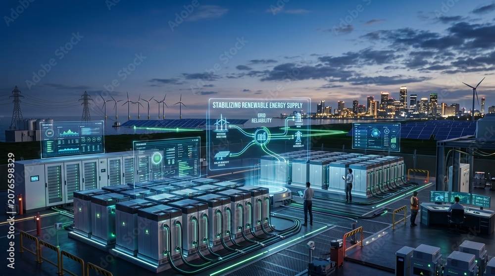 Naklejka premium Futuristic renewable energy management system in urban setting with advanced technology and data visualization