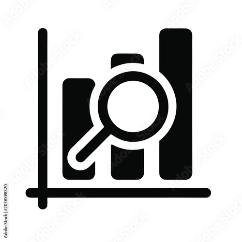  Minimalist Black Icon Representing Data Analytics and Financial Research Featuring a Bar Graph Chart Combined with a Magnifying Glass Symbol