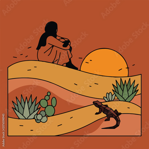 Desert Landscape Illustration with Sunset and Woman Silhouette