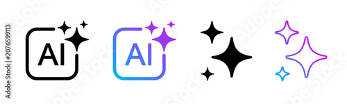 Generative AI sparkle, AI generate icon set, sparkle star with square button, artificial intelligence star logo