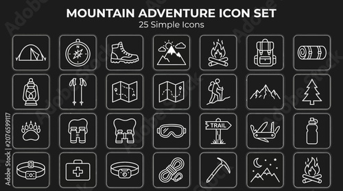 Mountain adventure icons depict various outdoor activities and gear for hiking and camping in nature.