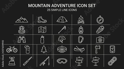 Mountain adventure icons showcase various outdoor activities and gear in simple line art style for travel and recreation purposes.