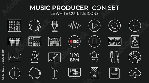 Music producer icons showcase various music production elements on a digital interface.