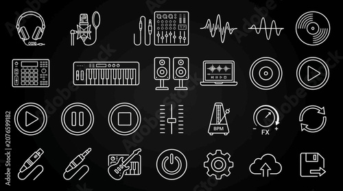 Digital illustration of various music production icons on a black background