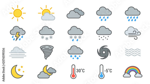 Weather forecast icons display various conditions including sun, clouds, rain, snow, and temperature on a white background with illustrations.