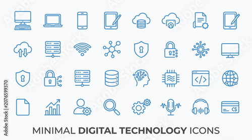 Minimal digital technology icons illustrate various modern computing and internet related concepts on a clean white background.