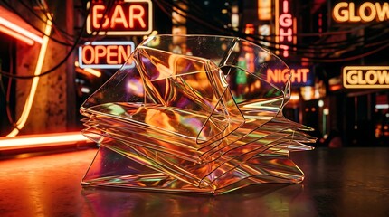 Neon signs reflect on glass sculpture.