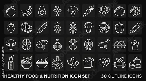 A set of icons depicting various healthy food and nutrition symbols on a black background.