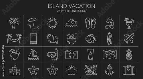 A collection of white line icons depicting various island vacation elements and activities on a black background.
