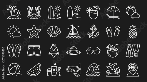 A collection of white line icons depicting various summer vacation and beach elements on a black background.