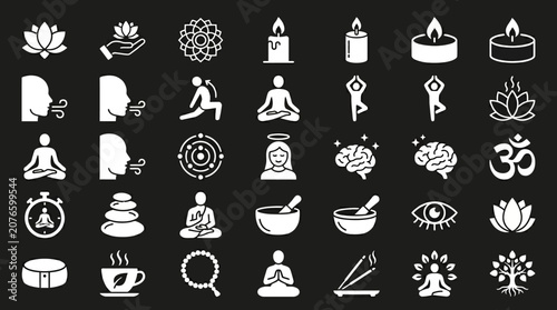 A serene illustration of various meditation and yoga symbols, including candles, lotus flowers, and icons of people meditating, set against a black background with white graphics.