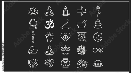 A serene illustration of various yoga and meditation symbols arranged on a black background with white outlines.