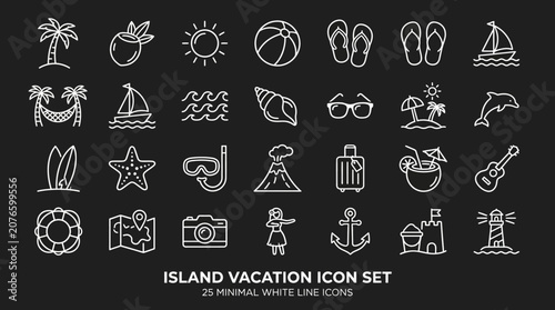 A set of 25 minimal white line icons depicting various island vacation elements on a black background for design purposes.