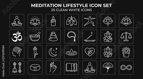 A serene meditation lifestyle icon set featuring 25 clean white icons on a black background.