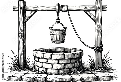 Tableau sur toile Vintage engraved stone water well, rustic wooden bucket countryside sketch vecto