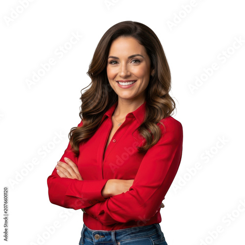 Confident woman in red shirt isolated on transparent background