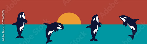 Photography Graphic illustration of killer whales jumping out of the ocean at sunset