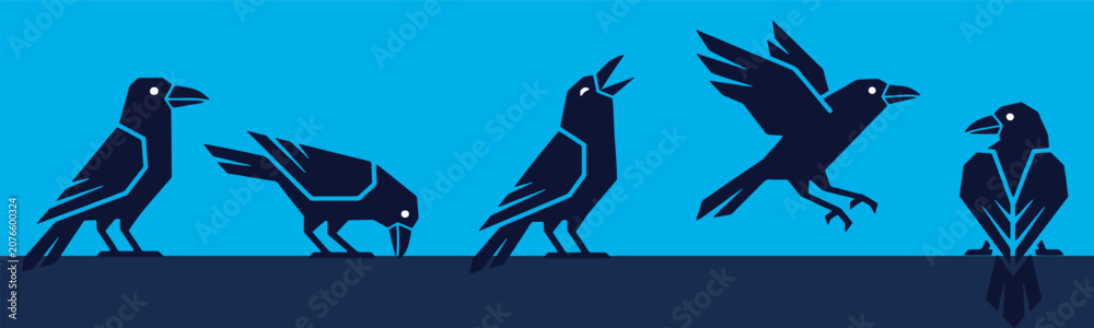 Fototapeta premium Illustration of black crows in various poses against a blue background, depicting different actions and expressions.