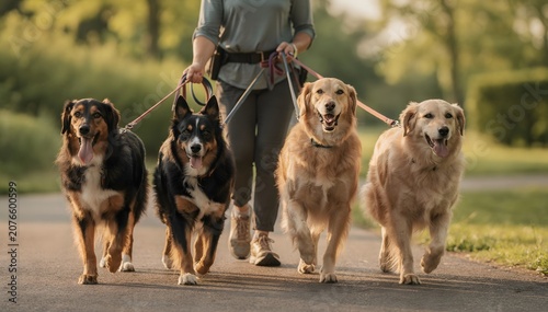 Professional dog walker leads a diverse group of happy canine companions, including Golden Retrievers, on a sunny outdoor pathway, showcasing a joyful pet care service