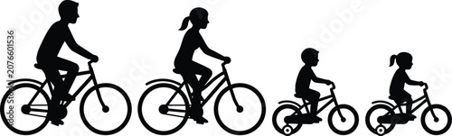 Foto Family silhouette collection black and white of cyclists in racing gear bicycle
