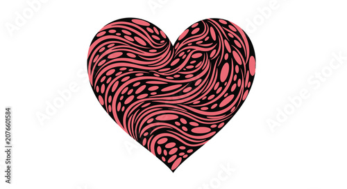 Large pink heart shape filled with intricate black and white patterns of waves and circles for artistic decoration.