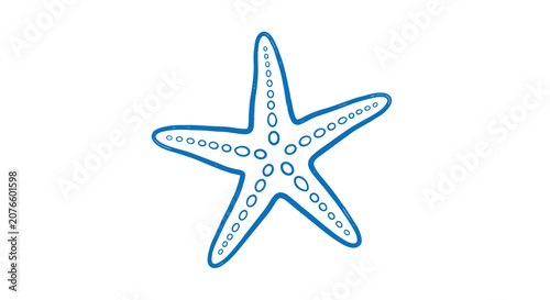 Simple blue hand drawn style outline of a starfish with small circles on its body isolated on a white background.