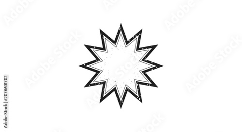 Grungy black starburst graphic features a distressed texture and multiple sharp points on a stark white background.