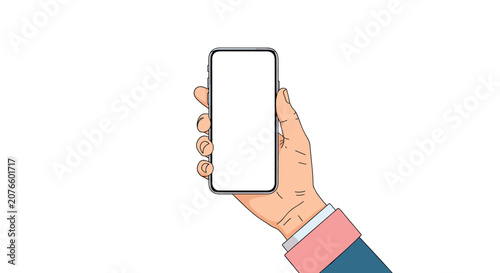 Person holding a smartphone with a blank white screen shows their arm in a blue suit with a distinctive pink cuff.