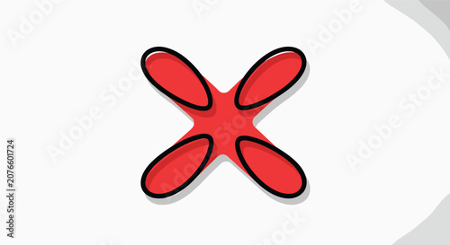 Abstract red four lobed shape resembles a cross or a flower with bold black outlines on a light grey background.