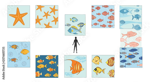 Educational diagram features a human silhouette surrounded by diverse panels showing fish and marine life patterns.