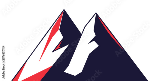 Stylized illustration depicts two dark blue mountain peaks with sharp angles and a bold red highlight on the left side.