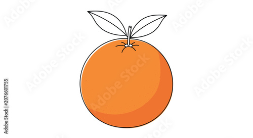 Simple illustration of a whole orange with two green leaves on top uses clean lines and a flat orange color scheme.